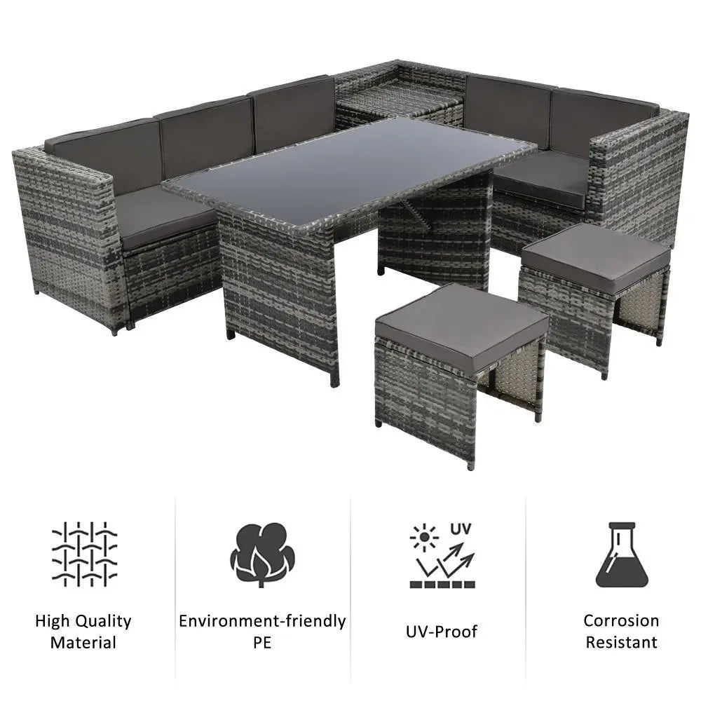 7 Seater Rattan Garden Patio Corner Sofa Set with Glass top